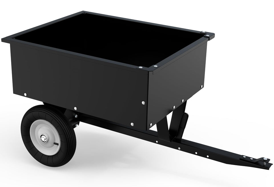 YINTATECH ATV dump trailer with 350-lbs capacity loads mulch easily on uneven ground
