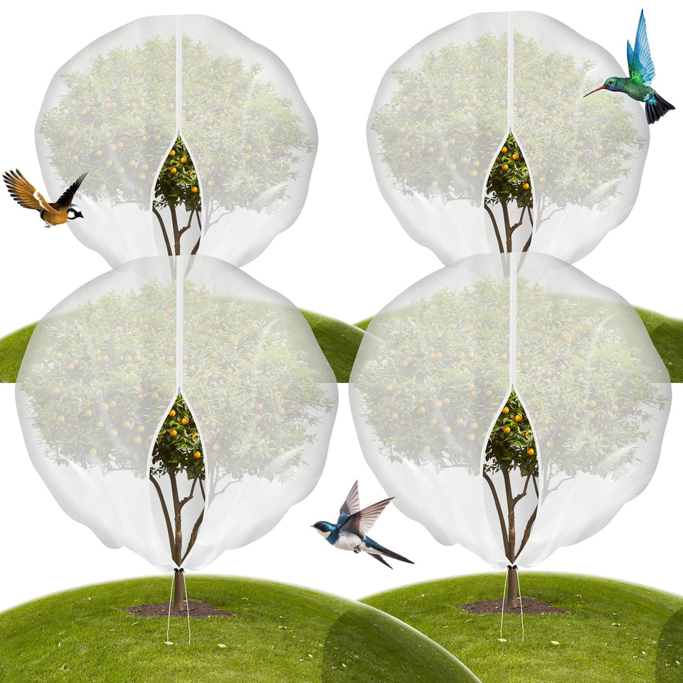 yiosumseuo 4-pack 10x10ft fruit tree netting setup protects crops from birds and pests.