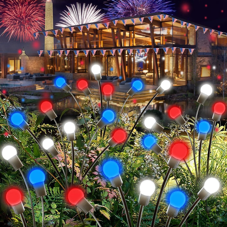 YIQU Fourth of July solar firefly lights illuminate outdoors with a vibrant 48-LED glow.