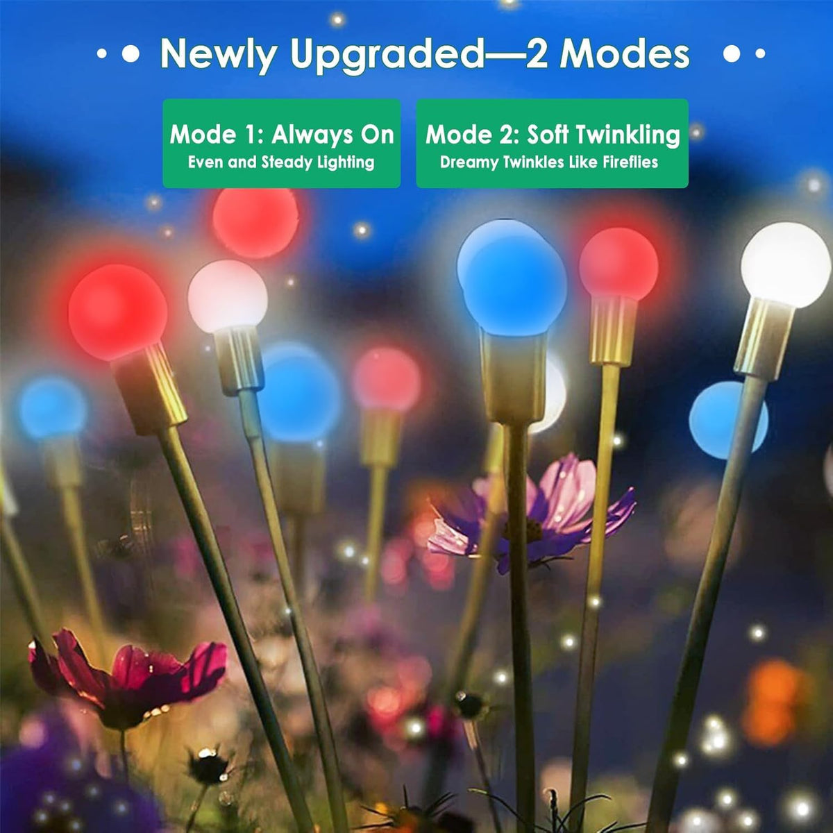 YIQU red white blue solar garden lights create festive pathways.