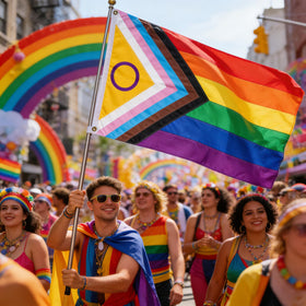 YISDZSW Pride flag displayed on a porch in a light breeze