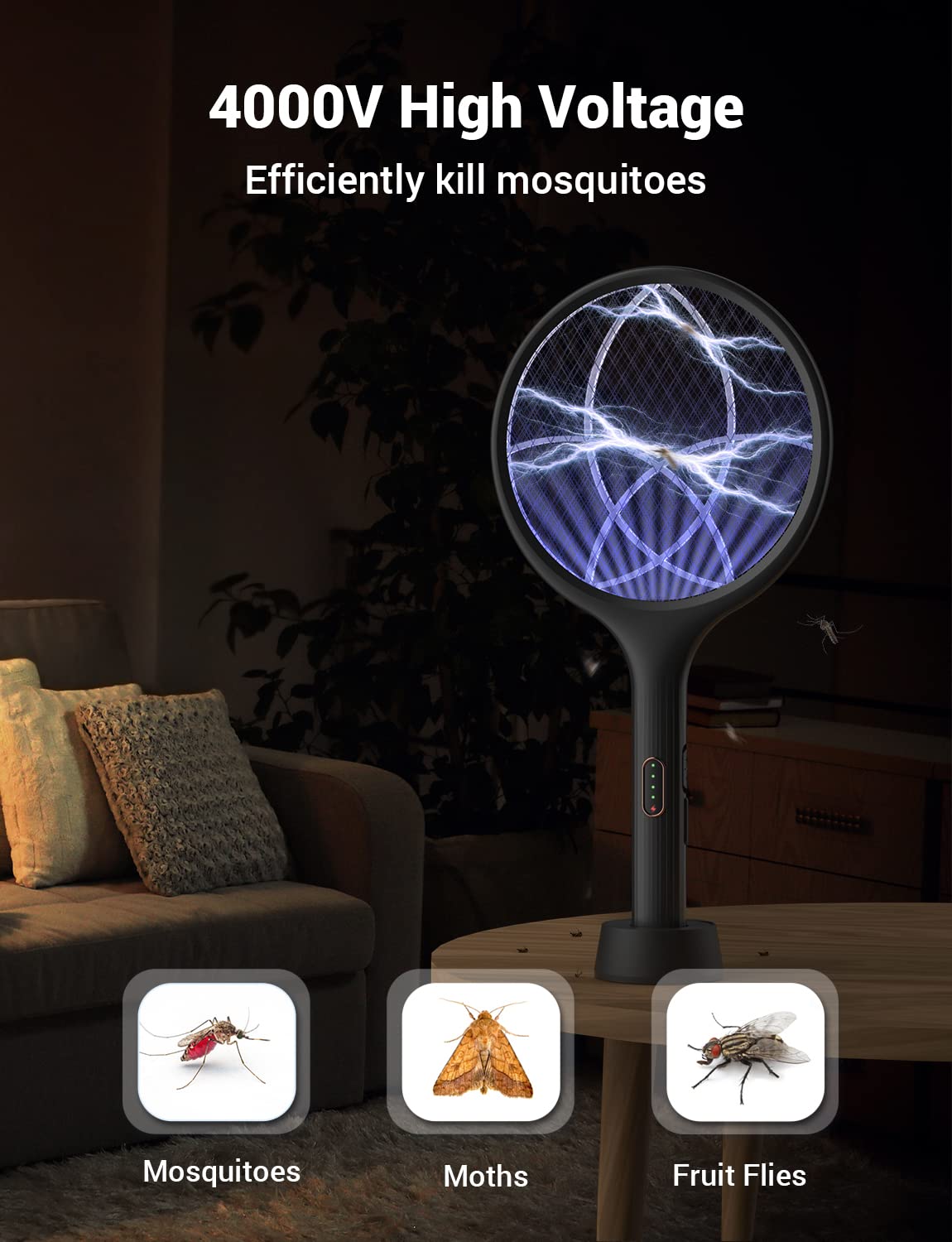 YISSVIC Electric Fly Swatter 4000V handle closeup, ergonomic grip for comfortable use.