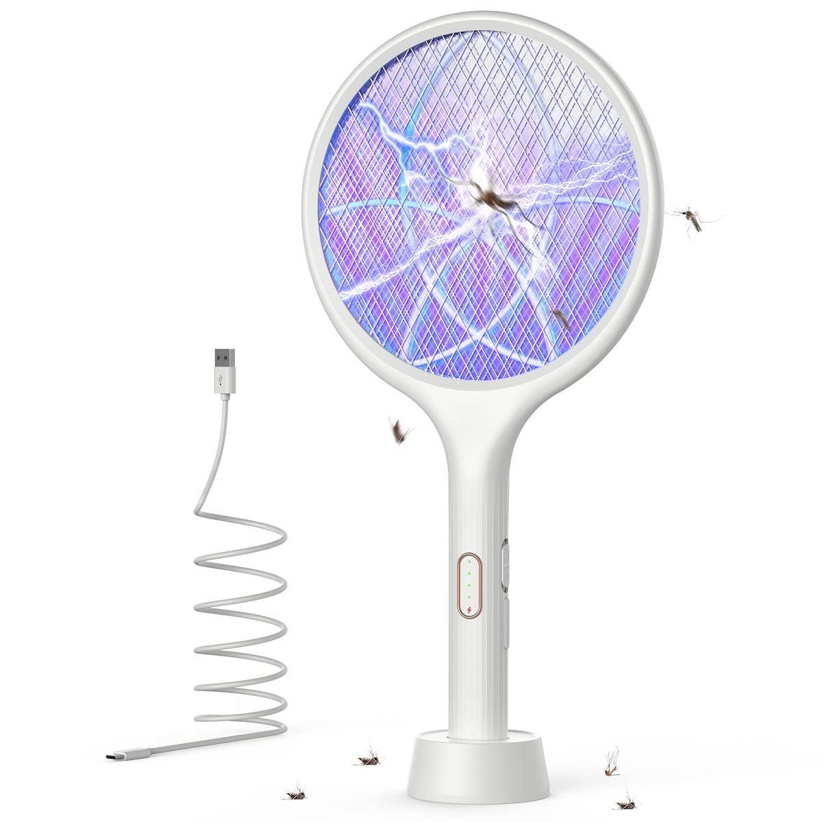 YISSVIC electric fly swatter racket ready for action, attracting pests with purple light.