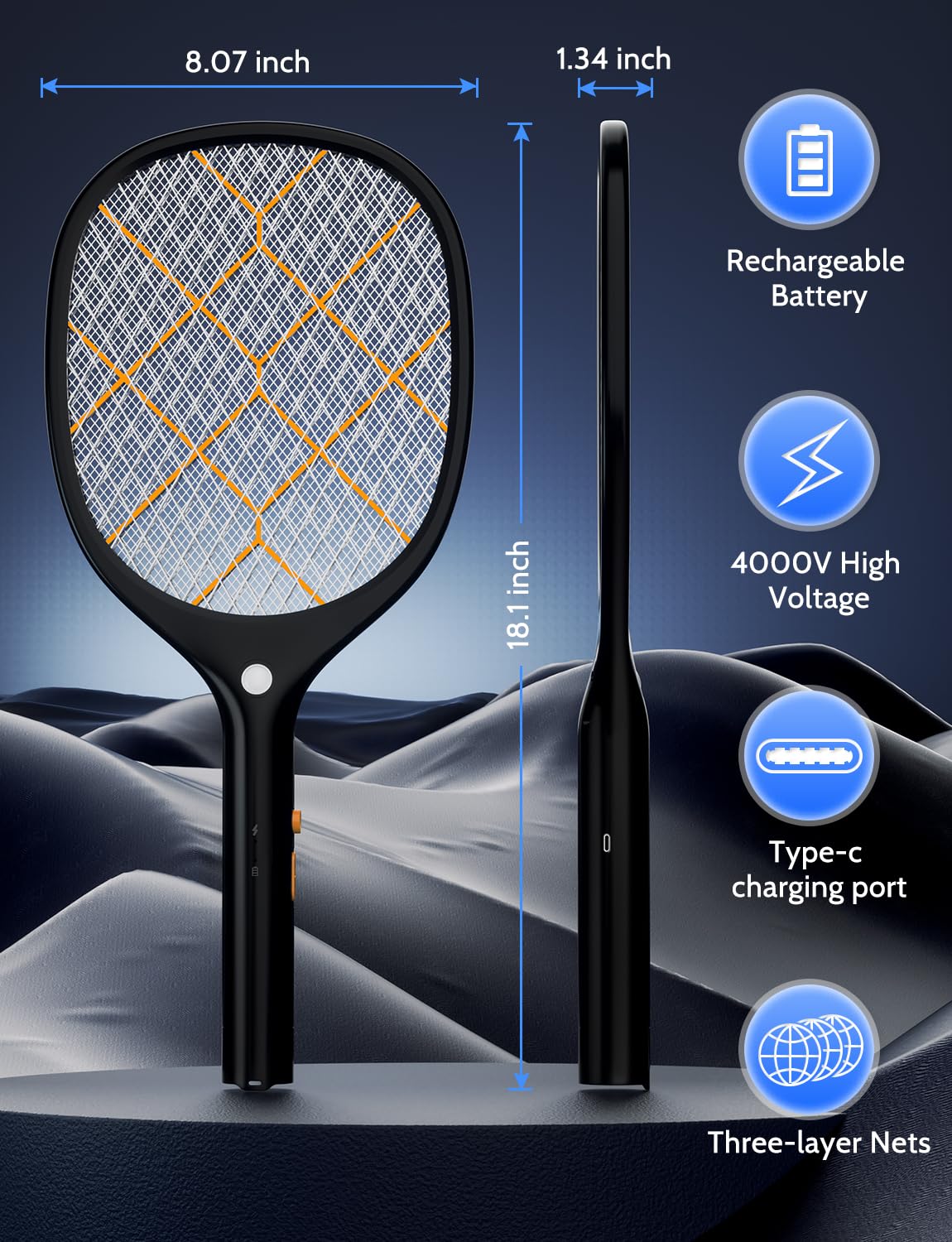 YISSVIC electric fly swatter with LED light on for nighttime pest control
