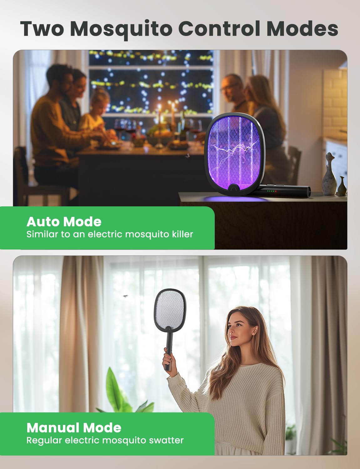 YISSVIC two-in-one bug zapper racket with auto and manual modes.