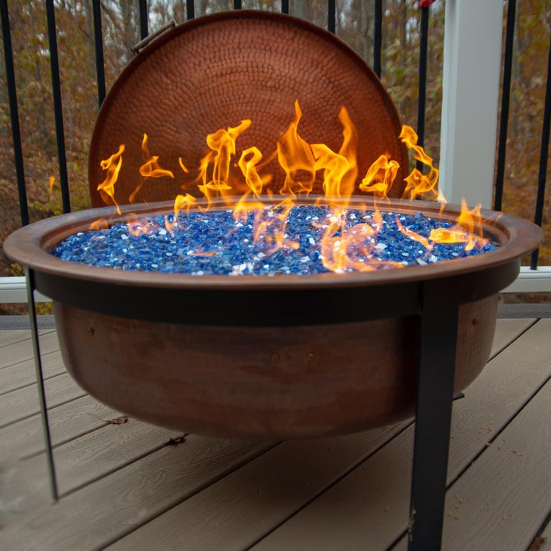 Landscape accent using YISZM blue fire glass adds dramatic night-time lighting.