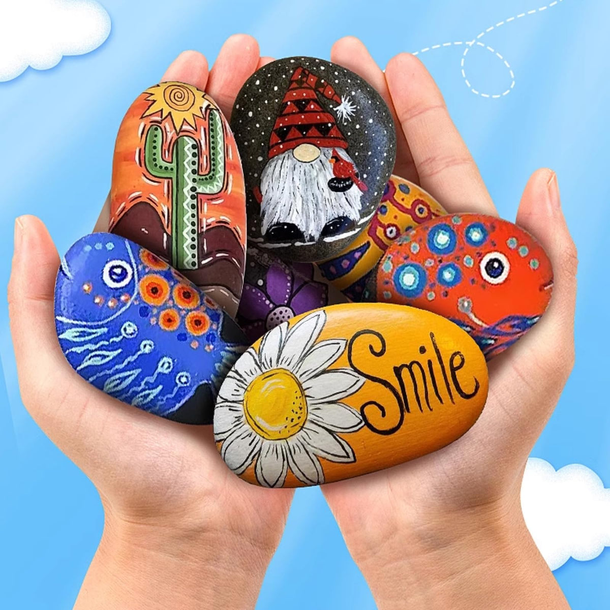 Displayed YISZM painted rocks illustrating colorful artistic outcomes