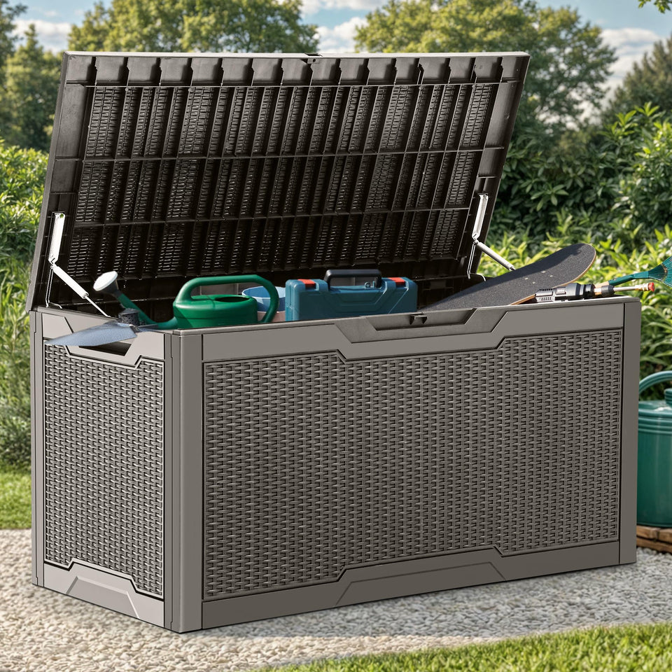 YITAHOME 100-gallon resin deck box showing spacious interior for outdoor cushions and tools.