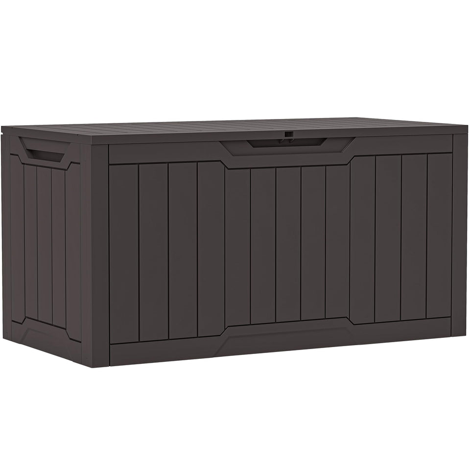 YITAHOME 100-gallon wood-grain deck box for outdoor storage with ample space