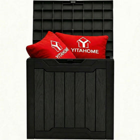 YITAHOME 31-gallon deck box closed with wood-like texture for outdoor storage.