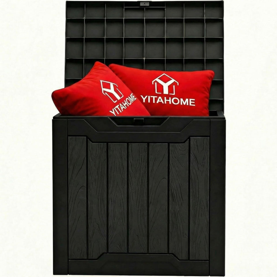 YITAHOME 31-gallon deck box closed with wood-like texture for outdoor storage.