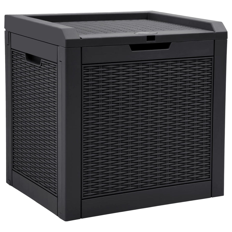 YITAHOME 32-gallon deck box lid closed, weatherproof resin for outdoor storage.