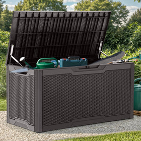 YITAHOME deck box interior shows ample 100-gallon storage for cushions and tools.