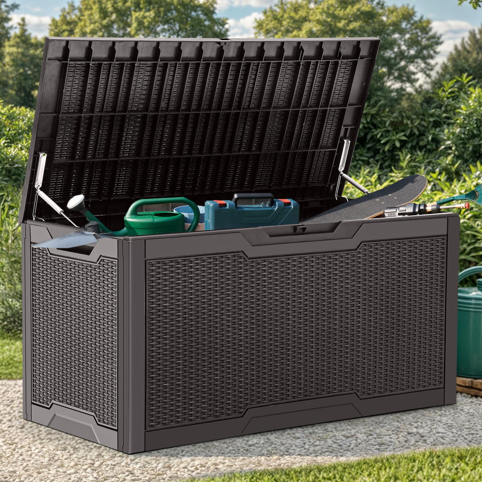 YITAHOME deck box interior shows ample 100-gallon storage for cushions and tools.