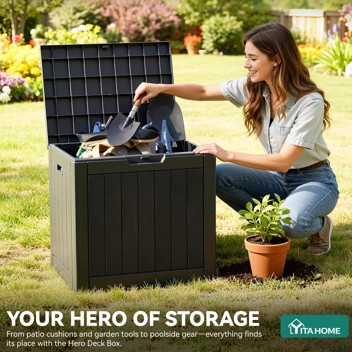 YITAHOME deck box lid with lock-ready top for security.