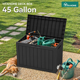 YITAHOME deck box with lid open demonstrates side-table functionality for drinks.