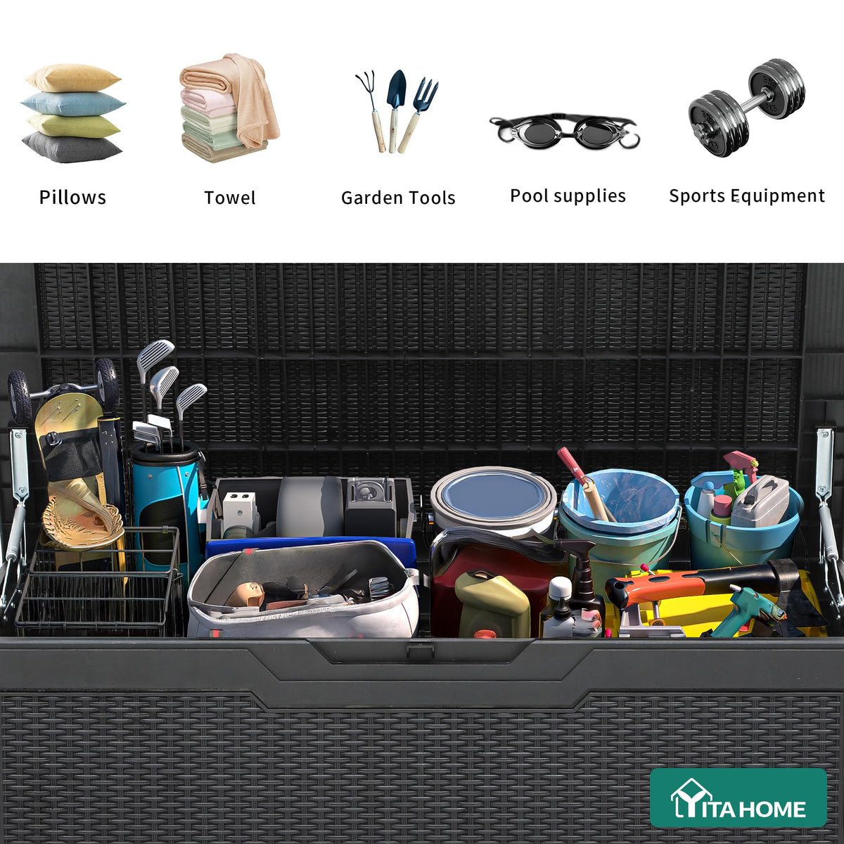 YITAHOME deck box sturdy bench seating supports up to 485 pounds.