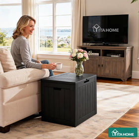 YITAHOME deck box with waterproof poly resin finish protects items from rain