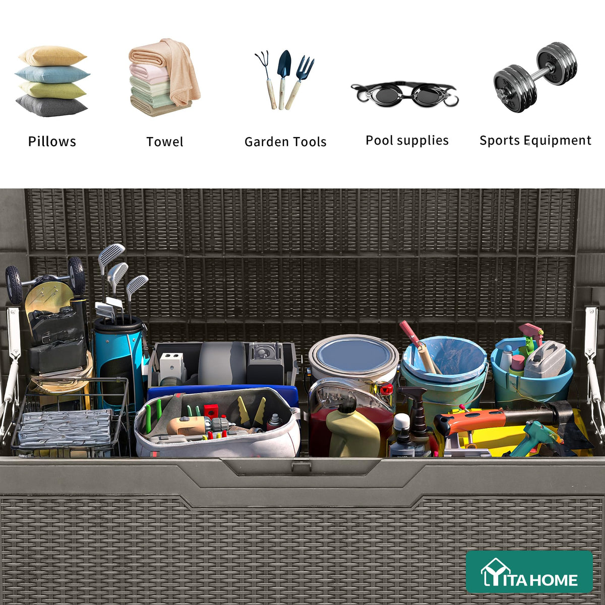 Hydraulic struts provide smooth, safe lid operation on the deck box.