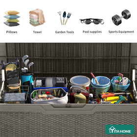 Hydraulic struts provide smooth, safe lid operation on the deck box.