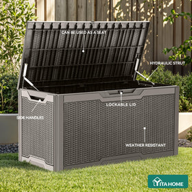 Lockable lid on YITAHOME deck box adds security for patio essentials outdoors.