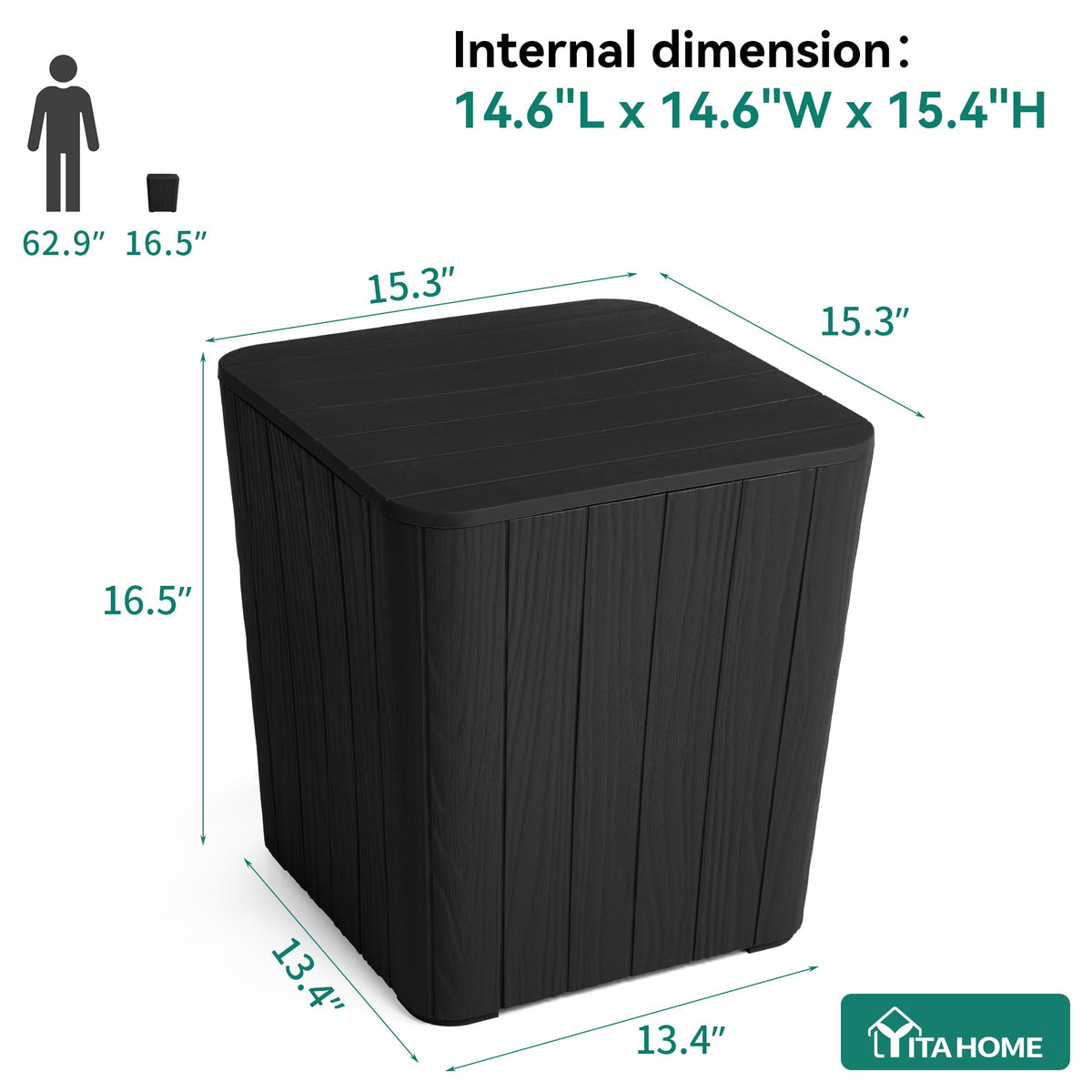 YITAHOME interior storage reveals 11.5 gallon space for cushions or decor items.