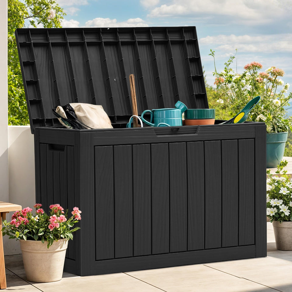 YITAHOME outdoor storage box in wood-grain black provides organized outdoor gear.