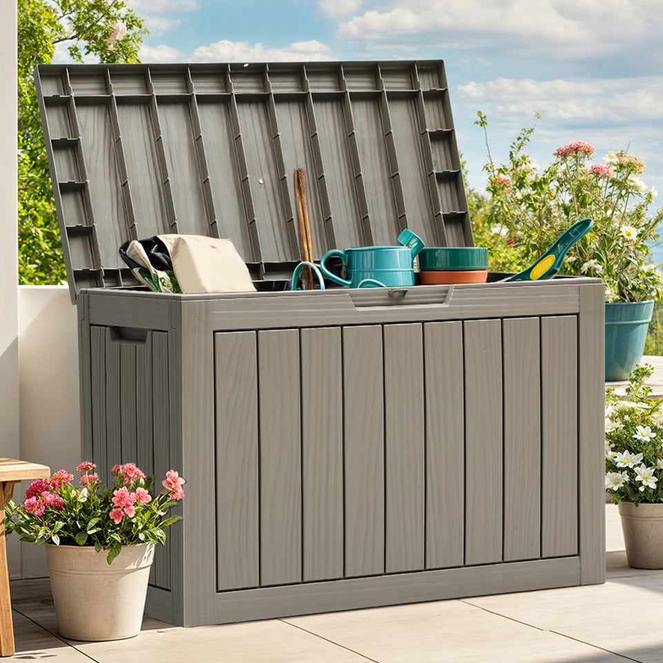 YITAHOME outdoor storage box with wood-grain lid stores cushions and protects from weather.