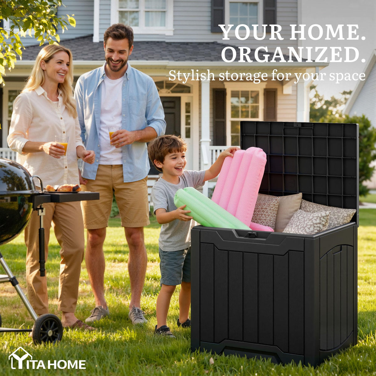 YITAHOME outdoor storage box side view showing lid and dimensions.