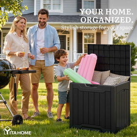 YITAHOME outdoor storage box side view showing lid and dimensions.