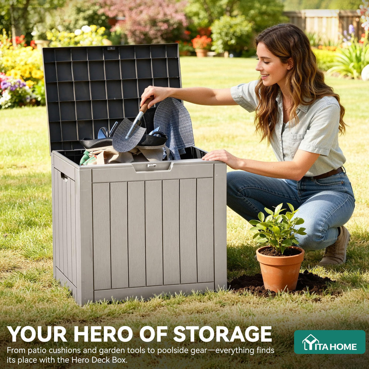 YITAHOME outdoor storage box showing waterproof lid for pool accessories
