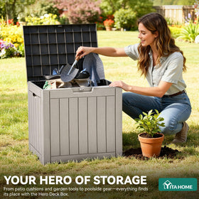 YITAHOME outdoor storage box showing waterproof lid for pool accessories