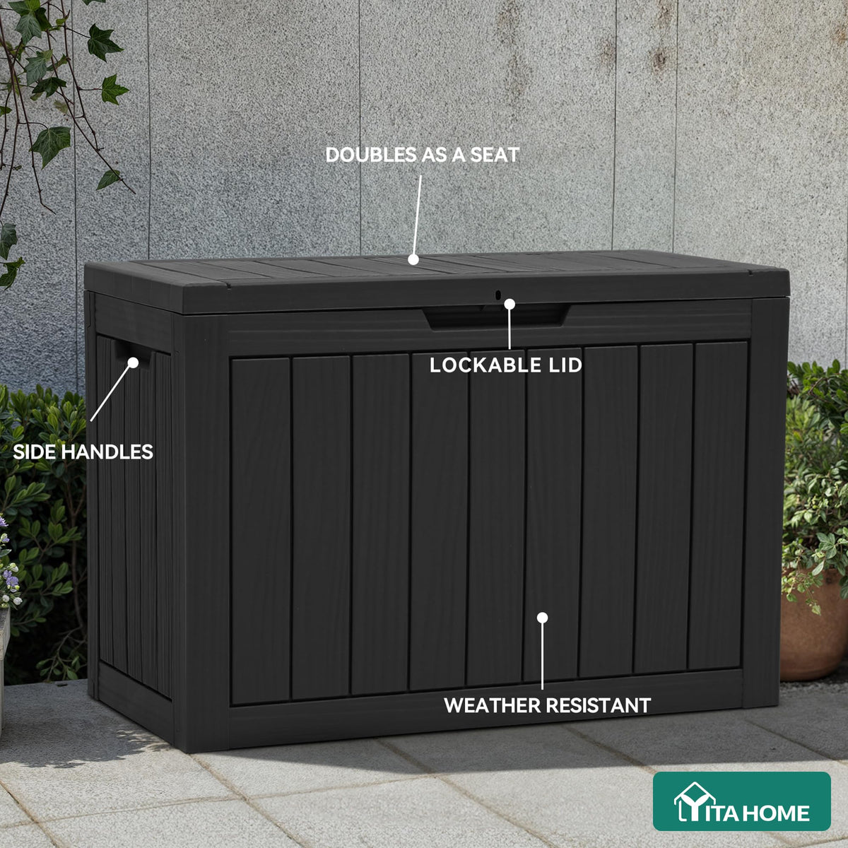 YITAHOME weather-resistant box protects cushions from sun and rain.