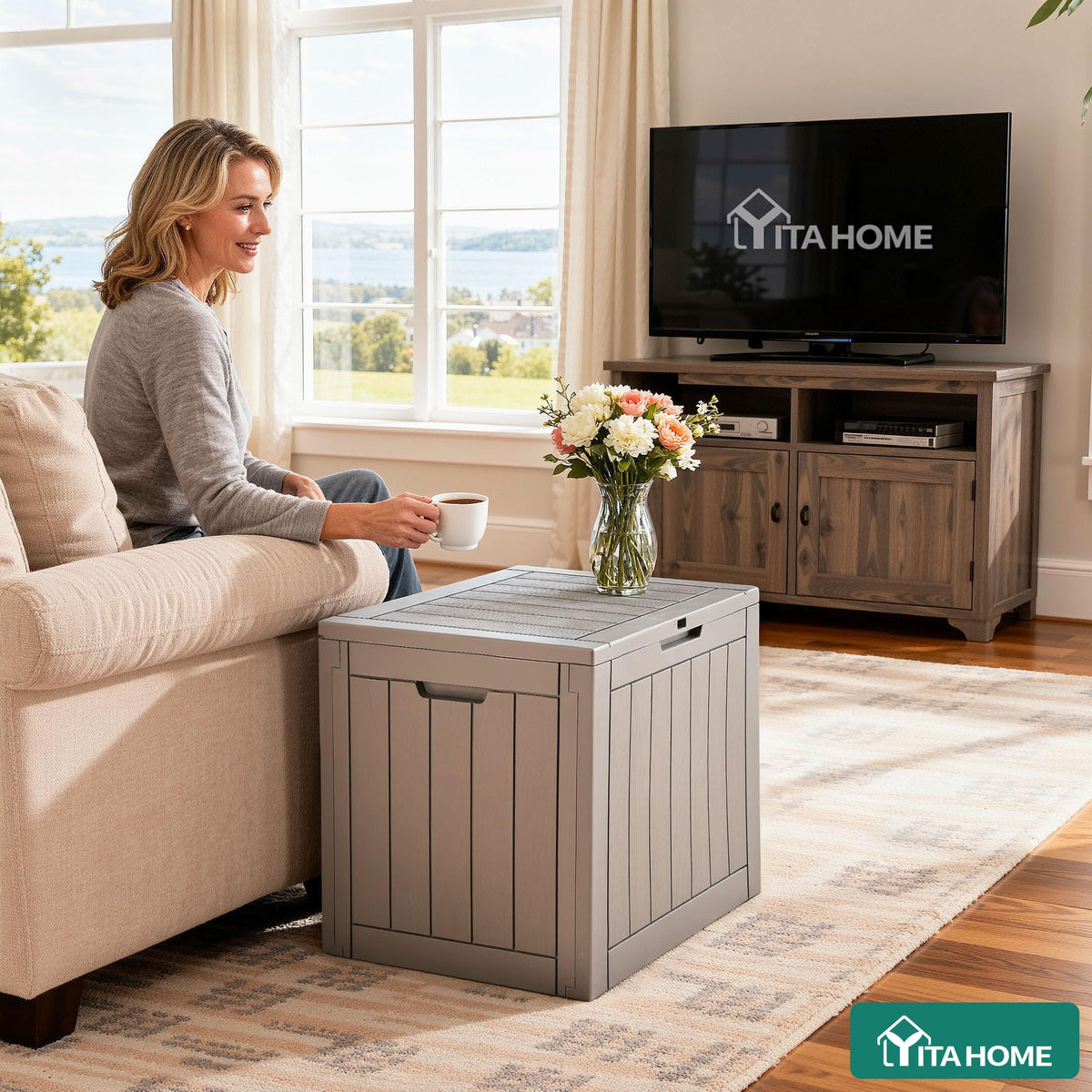 YITAHOME resin deck box resists weather and fading for patio cushions