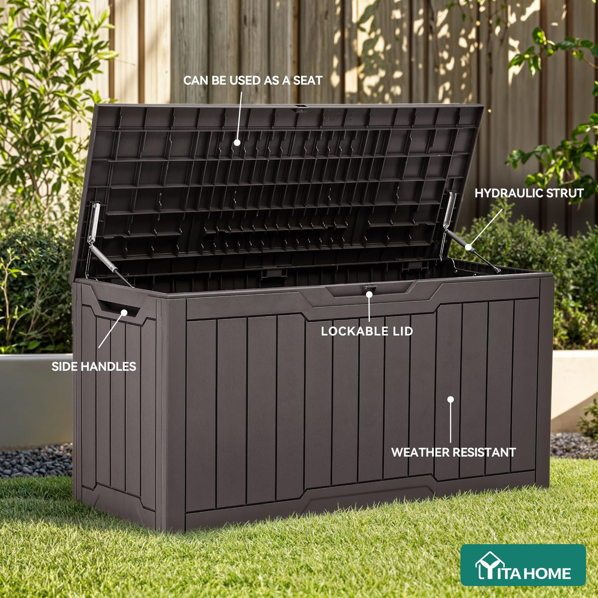 YITAHOME waterproof resin deck box keeps belongings dry and protected