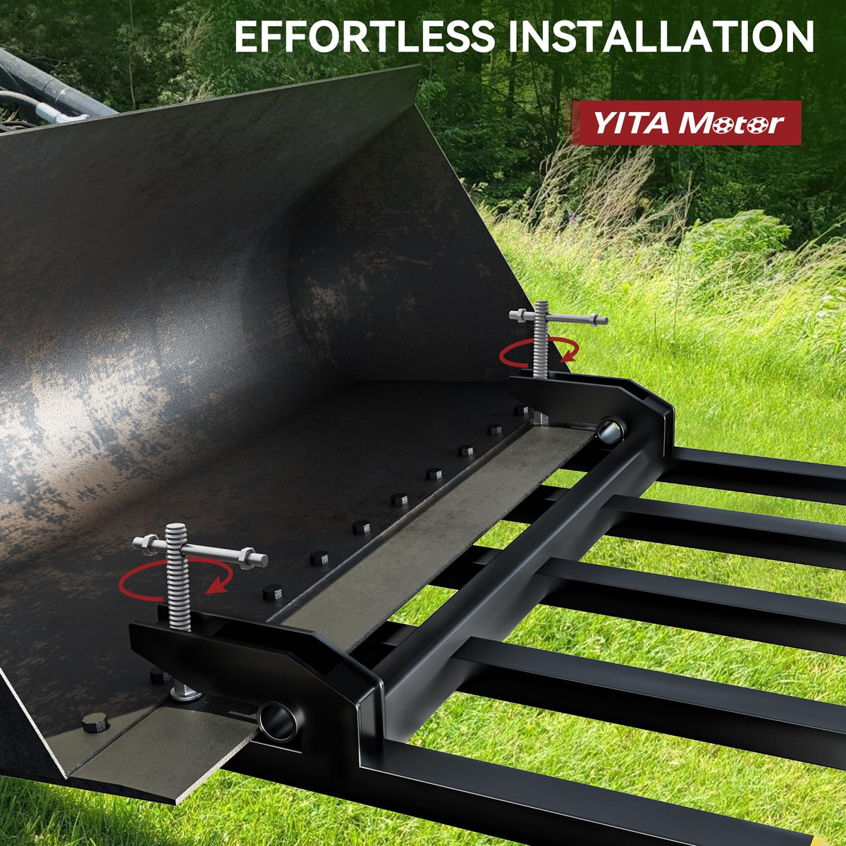 YITAMOTOR debris forks shown with heavy-duty build and quick attach