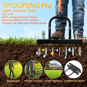 YIYOUPENG aerator highlights cushioned ergonomic T-handle for comfort.