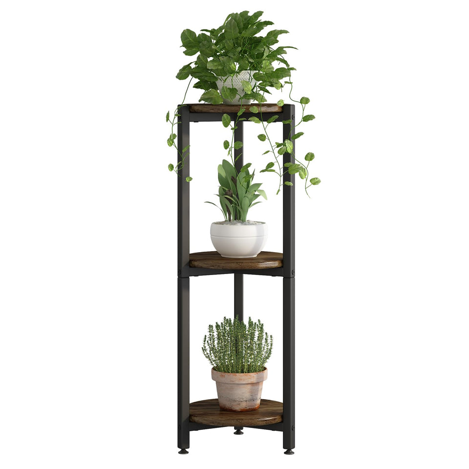 YIZAIJIA plant stand 3-tier front view with sturdy metal frame and round black finish.