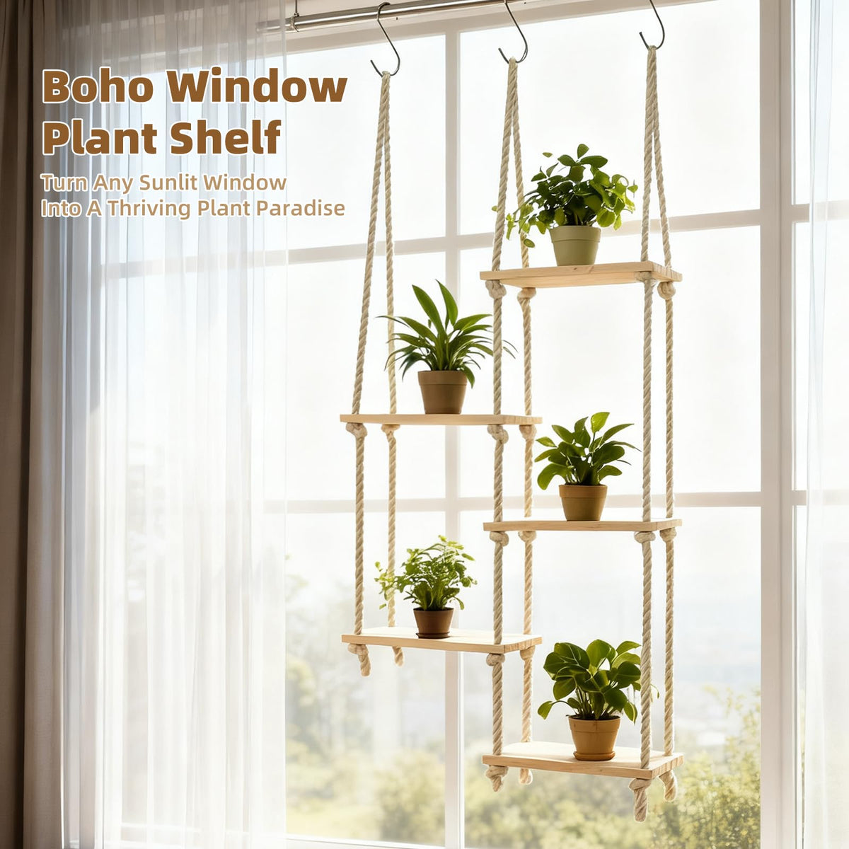 YJREW hanging plant stand in macrame style adds cozy greenery.
