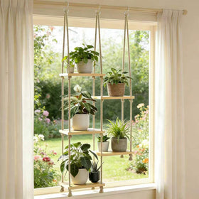 YJREW window plant shelf with wooden shelves brightening sunlit windows.
