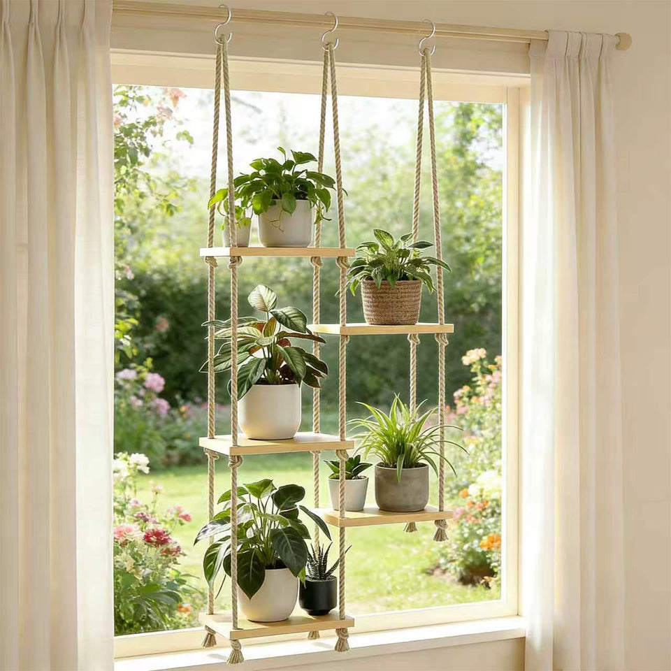 YJREW window plant shelf with wooden shelves brightening sunlit windows.