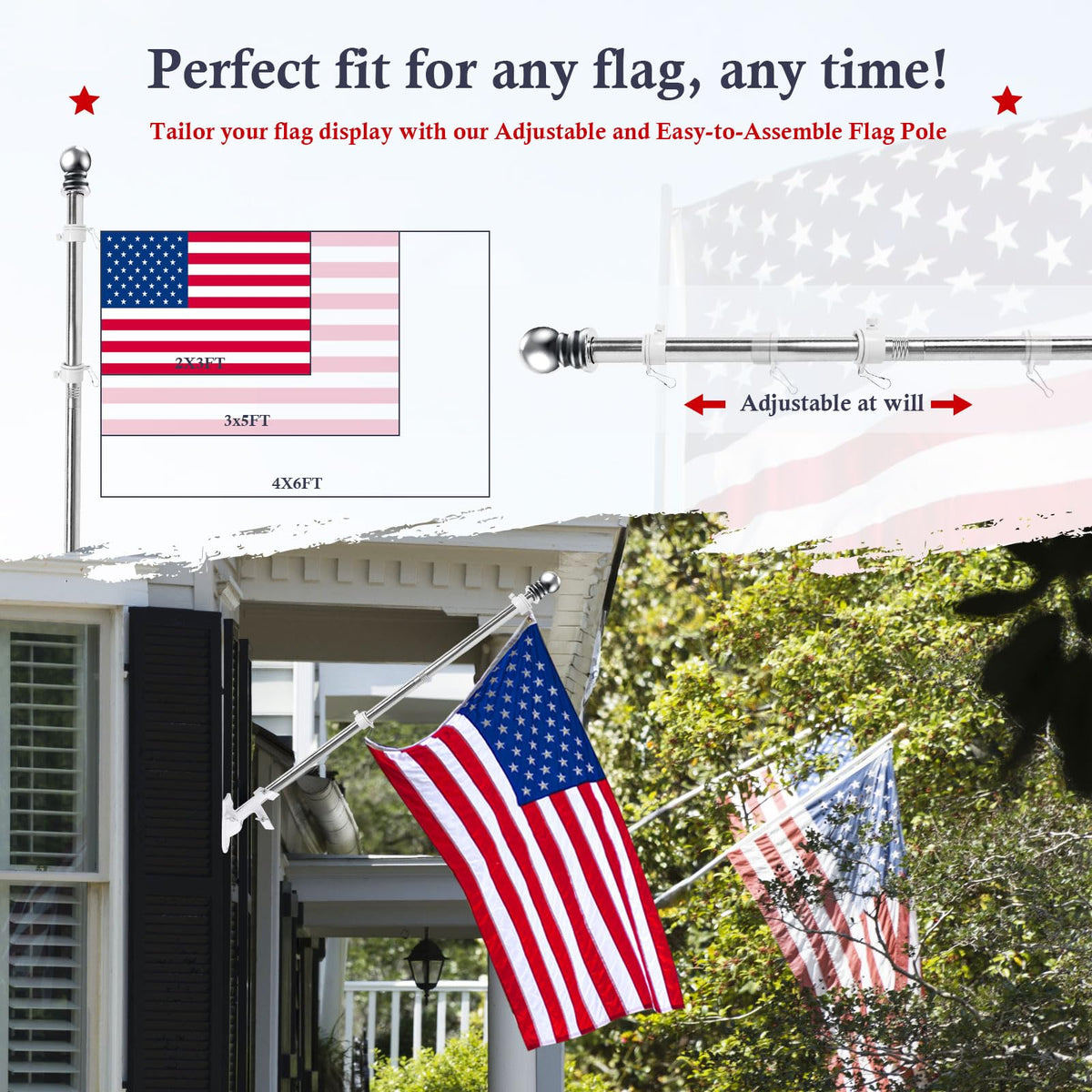 YKFLY stainless steel pole with rotating rings for easy flag mounting.