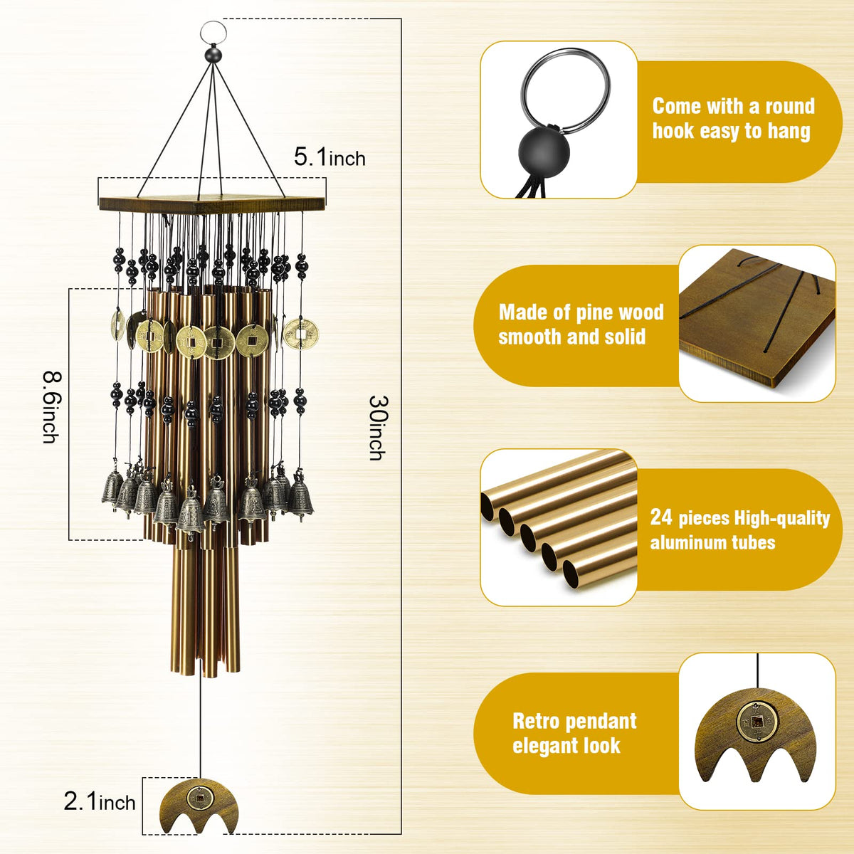 YLYYCC wind chimes 24 copper tubes close-up showcasing rich tones.