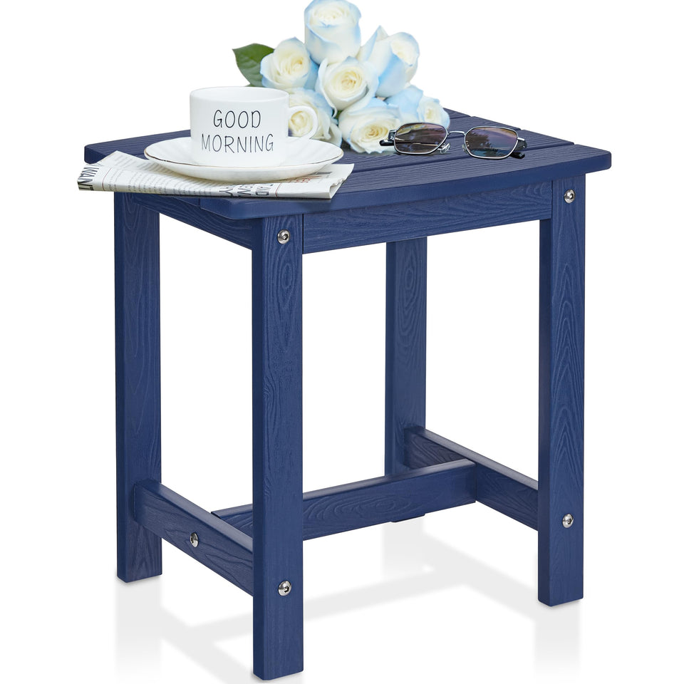 Y&M Outdoor Side Table in navy beside a chair, ideal for drinks
