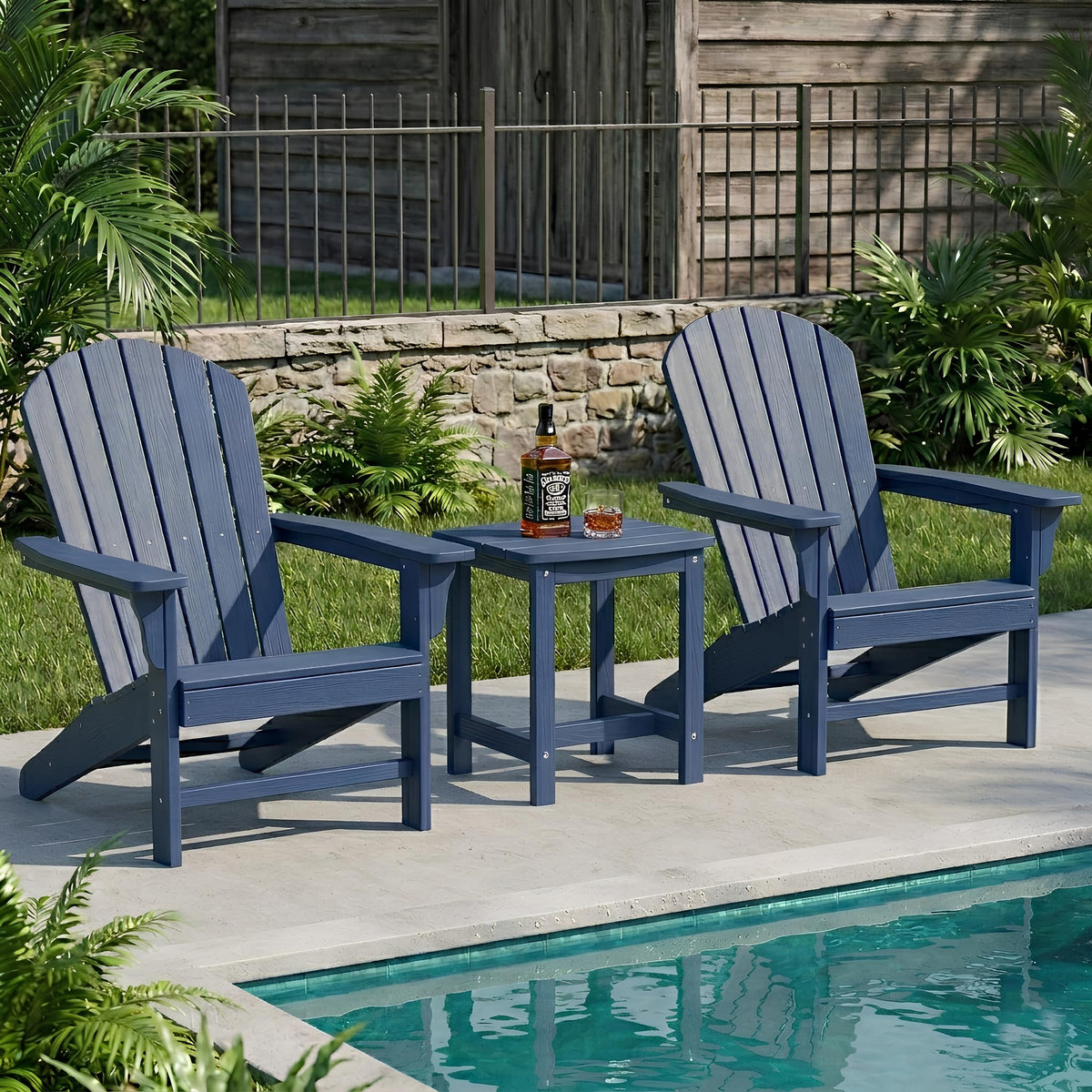 Y&M navy side table styled with magazines on a patio