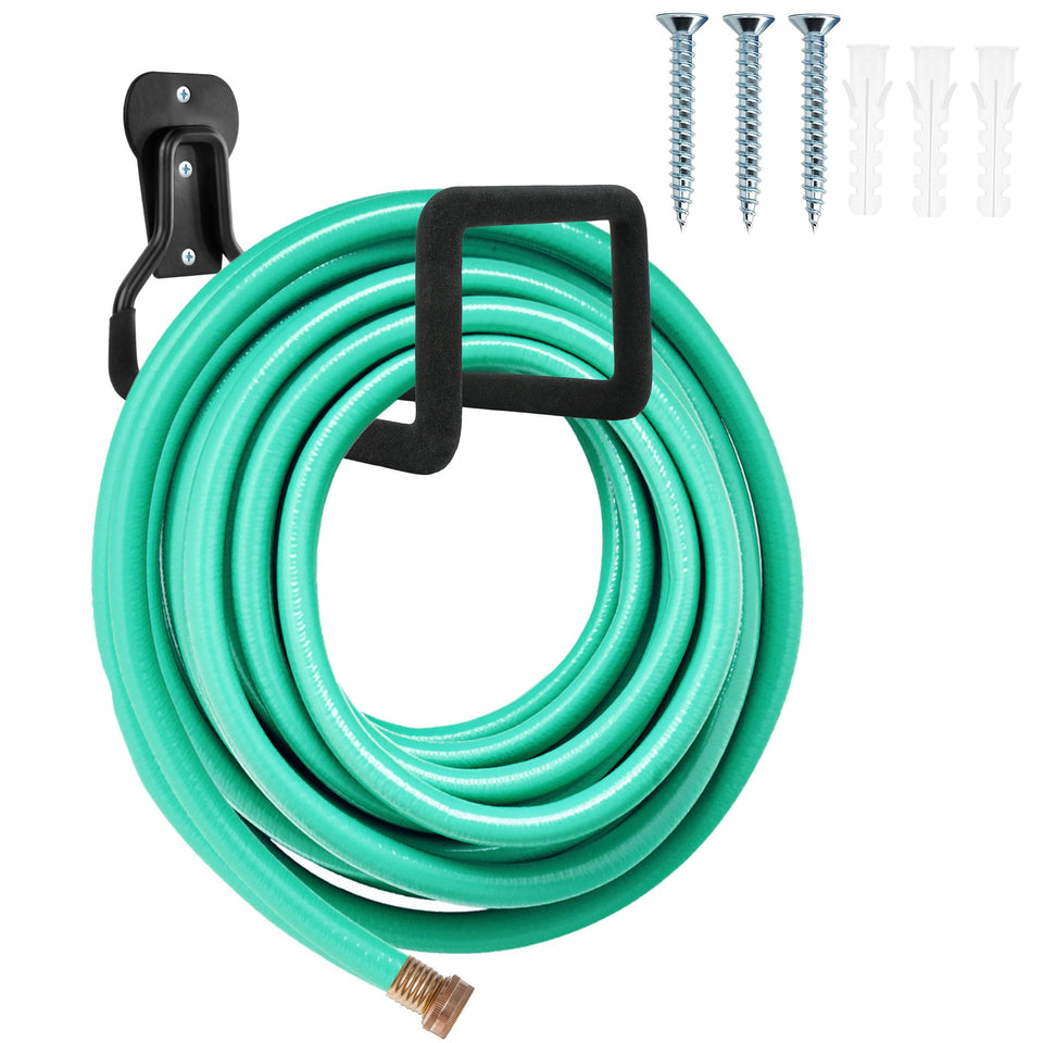 YMHB garden-hose-holder-wall-mount shown on a fence for tidy outdoor storage.