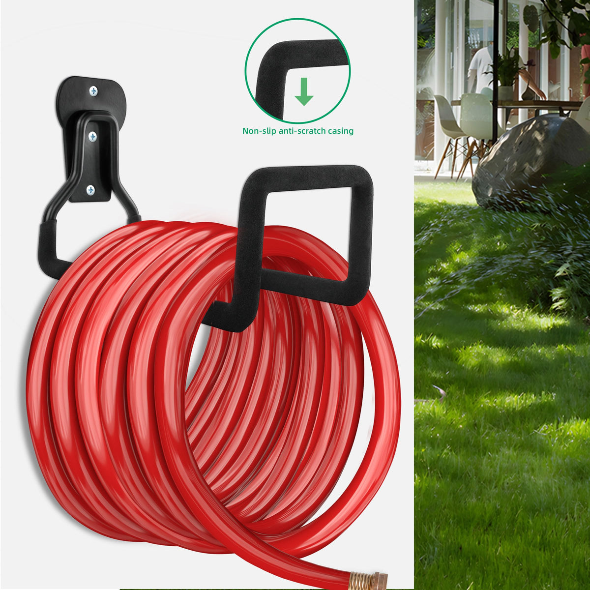 YMHB heavy-duty-metal-hanger-outdoor demonstrates sturdy hose support in an exterior space.
