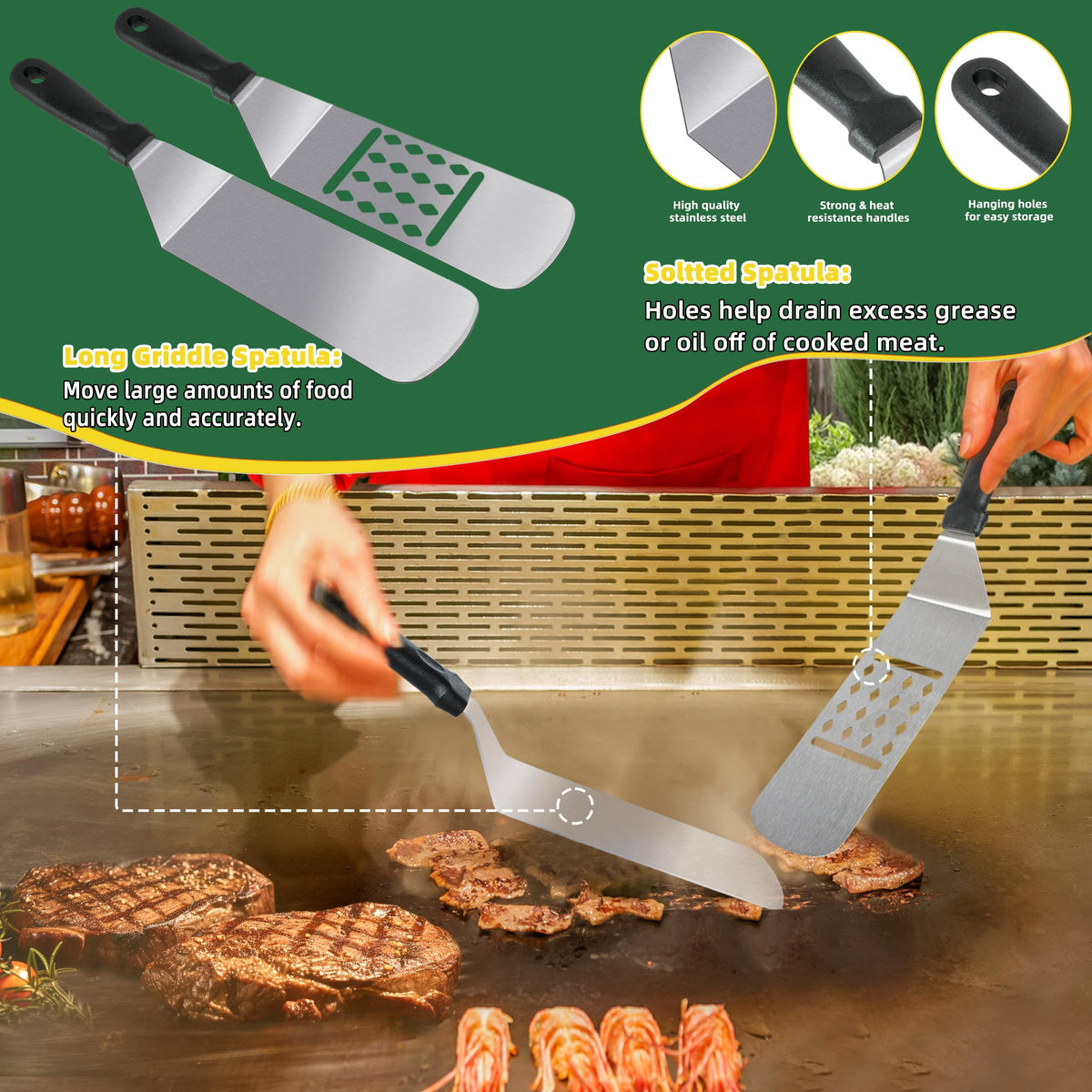 YMHB long slotted spatula shows precision flipping for even cooking.