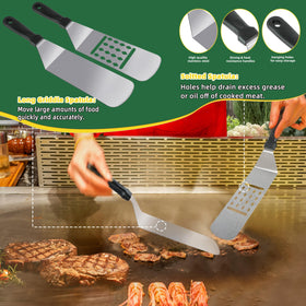 YMHB long slotted spatula shows precision flipping for even cooking.