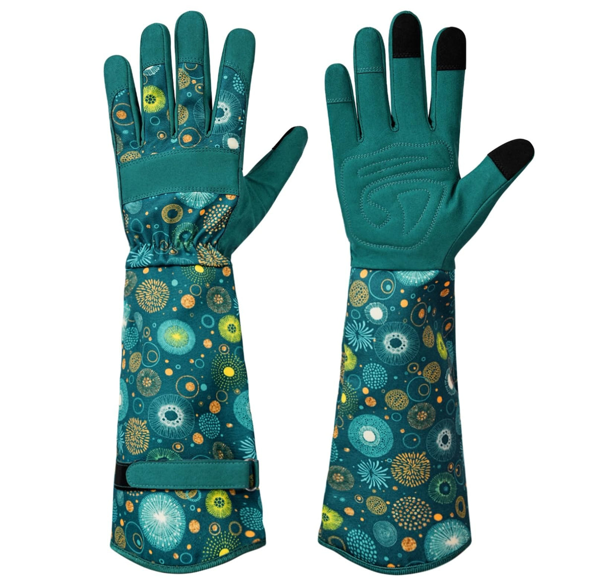 Ymomode women's garden gloves long sleeve on garden scene showing secure grip for weeding